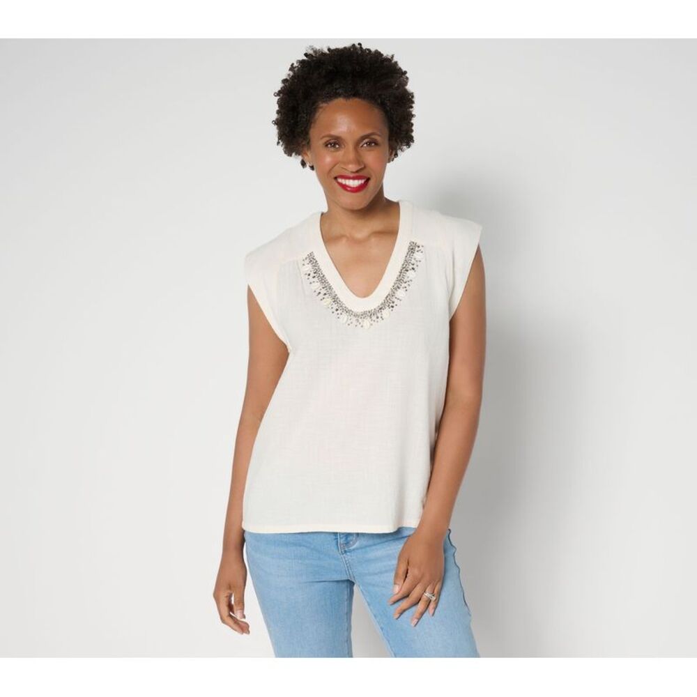 Peace Love World Women's Top Plus Sz 1X Textured Cotton Embellished White
